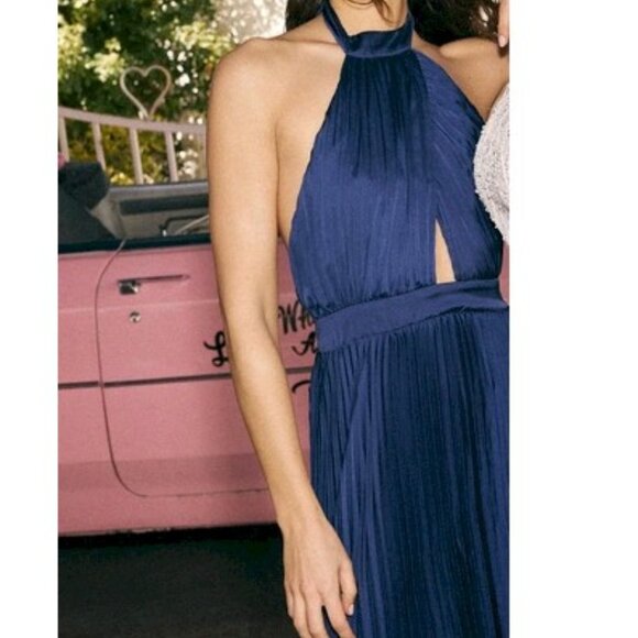 Midnight Moves Navy Blue Pleated Satin Cutout Halter Maxi Dress Size Large NWOT - Picture 7 of 12